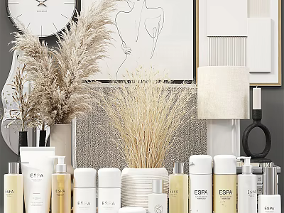 Minimalist Bathroom Accessories With Modern Bottles Jars And Pampas Grass Decor On Countertop 3d model