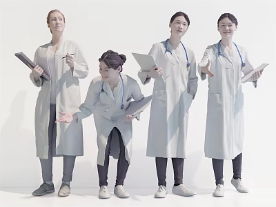 Group of Medical Professionals in White Coats with Stethoscopes and Clipboards 3d model