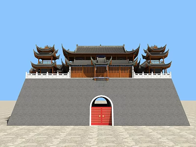 Traditional Chinese Ancient Architecture Featuring Multi Tiered Roofs Ornate Eaves Red Door And Gray Wall 3d model