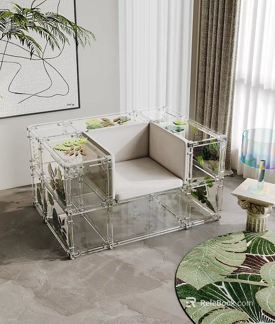 Transparent Frame Single Sofa With Plant Decoration And Light Colored Cushion In Modern Interior 3d model