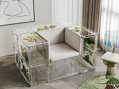 Transparent Frame Single Sofa With Plant Decoration And Light Colored Cushion In Modern Interior 3d model