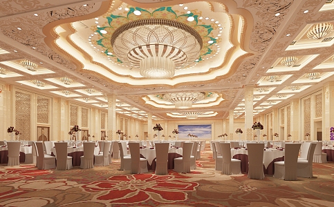 European style banquet hall hotel banquet hall restaurant luxury banquet hall crystal lamp large dining table ceiling decoration 3d model