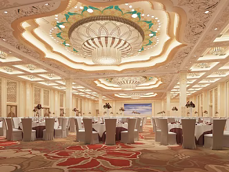 European style banquet hall hotel banquet hall restaurant luxury banquet hall crystal lamp large dining table ceiling decoration 3d model