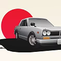 Silver Vintage Car With Red Circular Background And Classic Retro Design