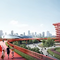 Urban Park Landscape With River Green Trees Red Bridge Winding Paths And Distant Buildings