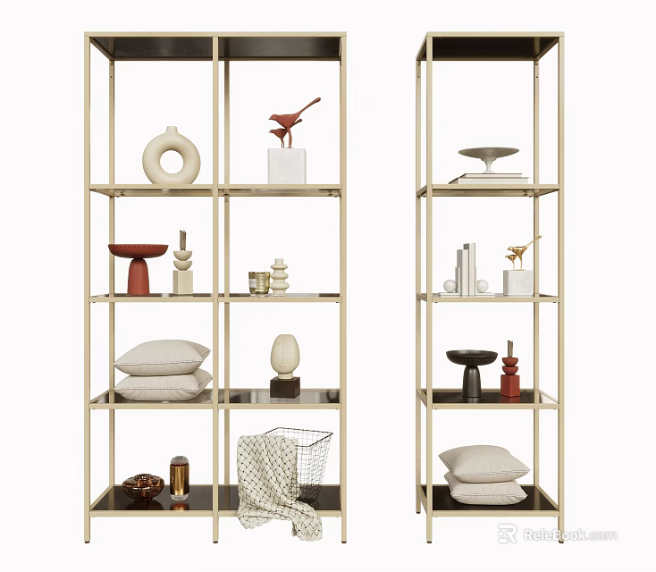 Modern Multi tiered Decorative Shelving Unit With Vases Sculptures Pillows And Decorative Items 3d model 