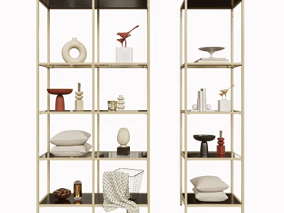 Modern Multi tiered Decorative Shelving Unit With Vases Sculptures Pillows And Decorative Items 3d model
