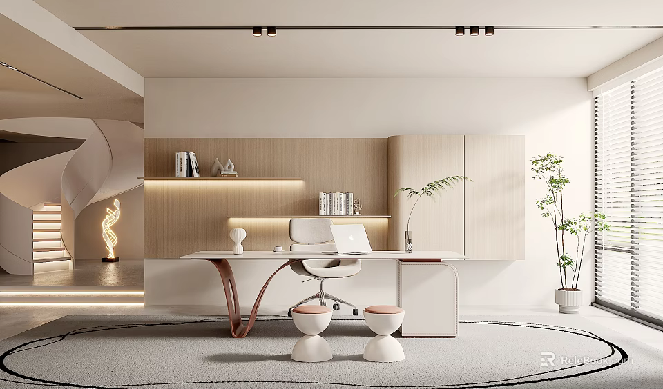 Modern Study Interior With Minimalist Desk Chair And Decor 3d model