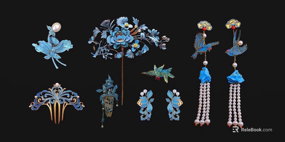 Traditional Blue Enamel Jewelry With Flower Bird Motifs Pearls And Tassel Hairpins 3d model 