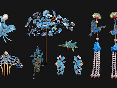 Traditional Blue Enamel Jewelry With Flower Bird Motifs Pearls And Tassel Hairpins 3d model