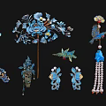 Traditional Blue Enamel Jewelry With Flower Bird Motifs Pearls And Tassel Hairpins