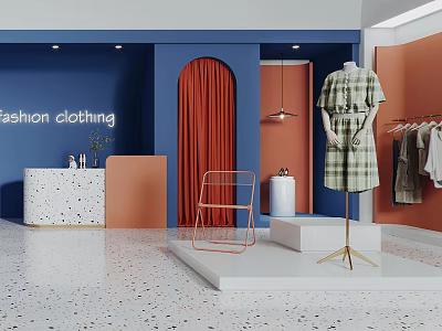 Stylish Fashion Clothing Store With Blue Orange Walls Arched Doorway And Plaid Dress Mannequin 3d model