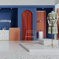 Stylish Fashion Clothing Store With Blue Orange Walls Arched Doorway And Plaid Dress Mannequin