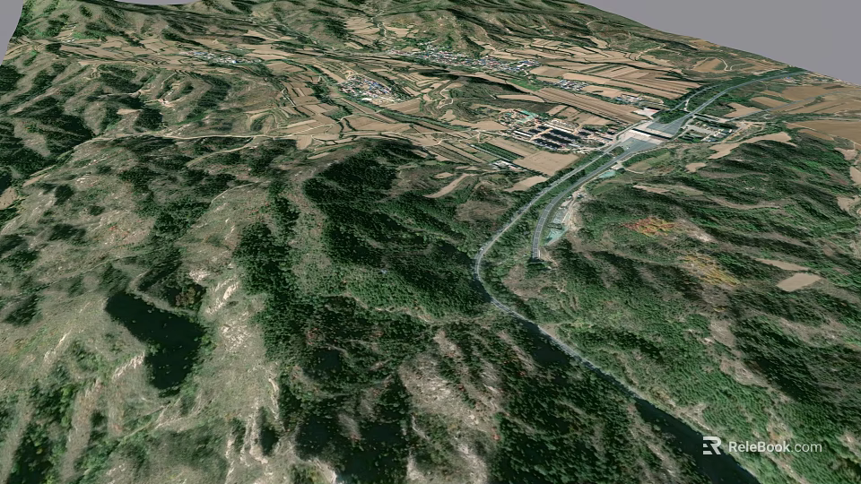 Aerial View Of Rural Mountainous Landscape With River Road And Farmland 3d model 
