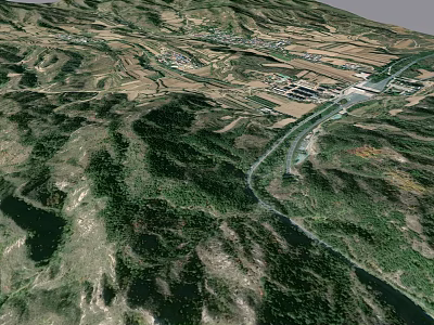 Aerial View Of Rural Mountainous Landscape With River Road And Farmland 3d model