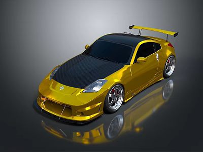 Golden Modified Sports Car With Black Carbon Fiber Roof Rear Spoiler And Silver Wheels 3d model