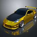 Golden Modified Sports Car With Black Carbon Fiber Roof Rear Spoiler And Silver Wheels