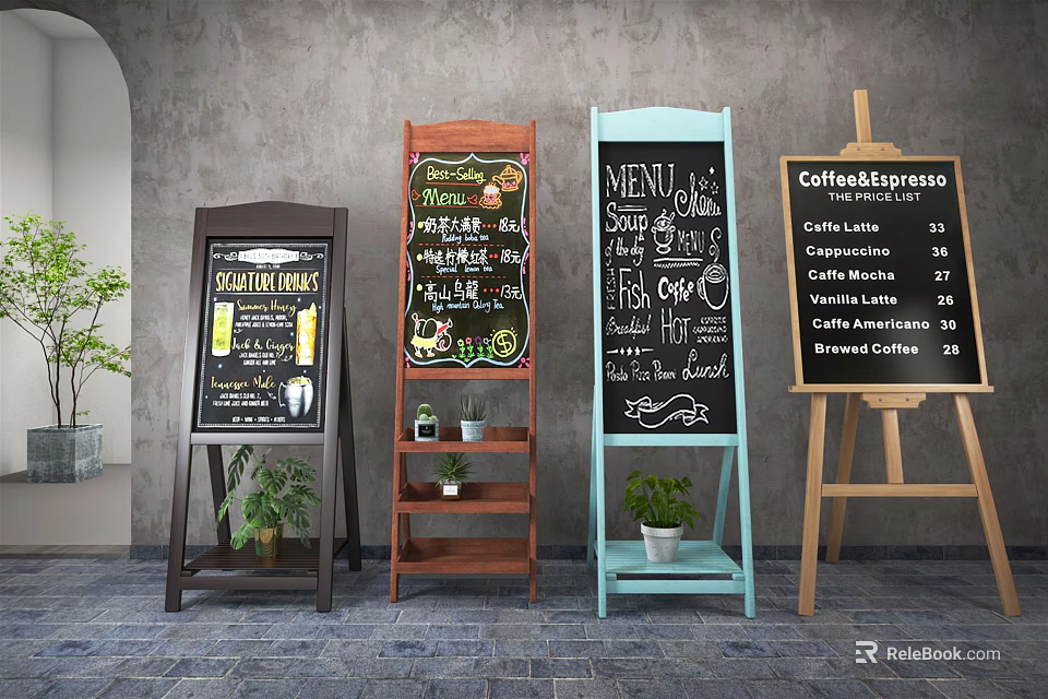 Various Style Display Shelves With Chalkboard Menu Boards And Decorative Plants For Cafe 3d model 