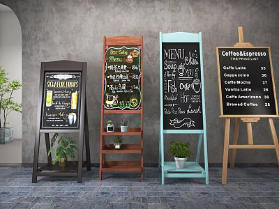 Various Style Display Shelves With Chalkboard Menu Boards And Decorative Plants For Cafe 3d model