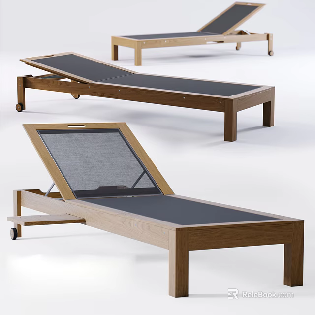 Outdoor Wooden Lounge Chair With Black Mesh Seat Adjustable Backrest And Wheels 3d model 