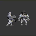 Game Movie Characters Two Mechanical Robots With Camouflage Design Helmet Military Cap Shields And Weapons