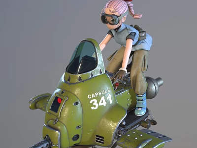 Anime Style Character Riding Green Capsule 341 Vehicle 3d model