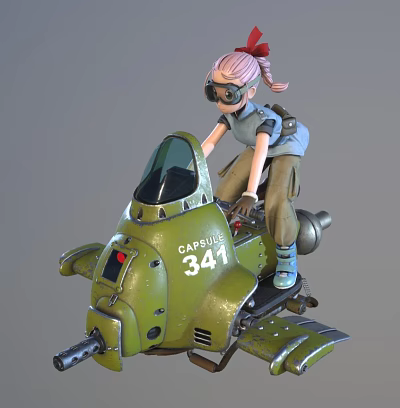 Anime Style Character Riding Green Capsule 341 Vehicle 3d model