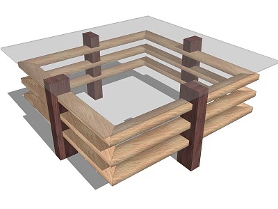 Modern Coffee Table With Layered Wooden Slats And Transparent Glass Top Design 3d model