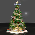 Decorated Christmas Tree With Sparkling Lights Red Orange Ornaments White Ribbons And Merry Christmas Base