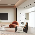 Modern Living Room Interior With White Sofa Orange Armchair Round Coffee Table And Built-in TV