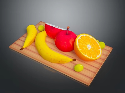 Assorted Fresh Fruits on Wooden Cutting Board Including Bananas Apple Sliced Orange and Green Grapes 3d model