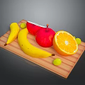 Assorted Fresh Fruits on Wooden Cutting Board Including Bananas Apple Sliced Orange and Green Grapes