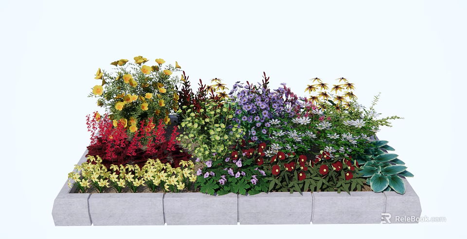 Garden Flower Planters With Colorful Mixed Flowers Yellow Red Purple Blooms And Green Leaves 3d model 