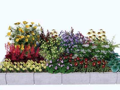 Garden Flower Planters With Colorful Mixed Flowers Yellow Red Purple Blooms And Green Leaves 3d model