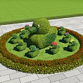 Duck Shaped Shrubs With Small Duck Figures Surrounded By Red Flowers In Garden