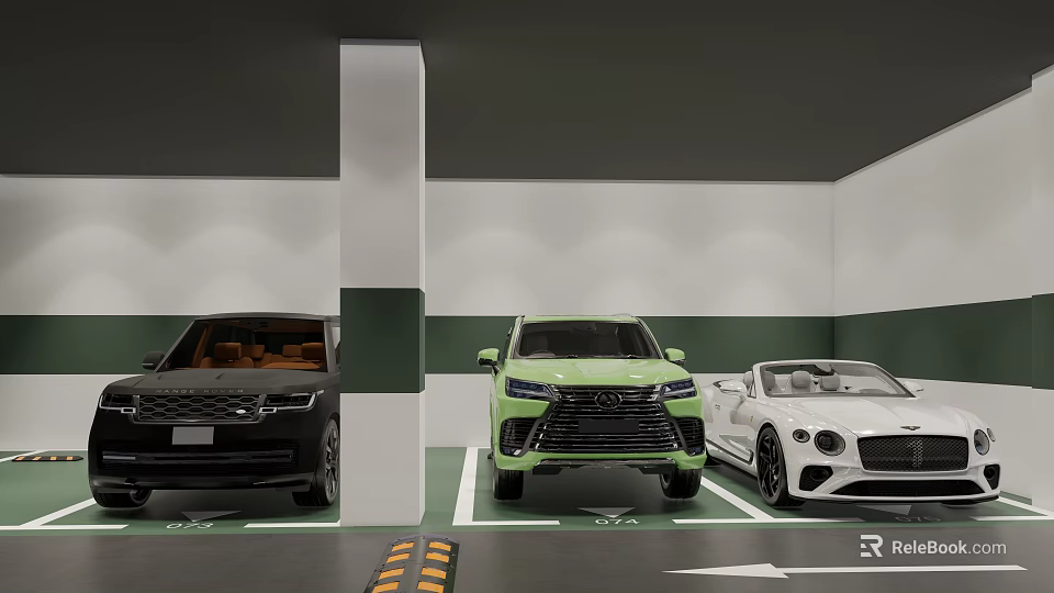 Modern Parking Garage With Three Cars Black Green White Convertible In Parking Spaces And Pillars 3d model 