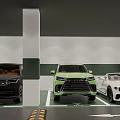Modern Parking Garage With Three Cars Black Green White Convertible In Parking Spaces And Pillars