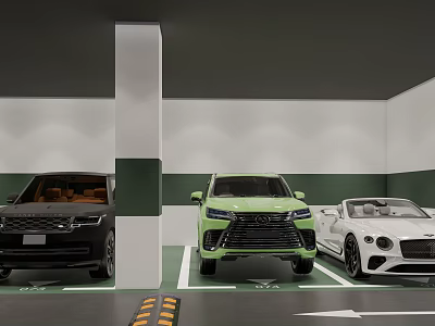 Modern Parking Garage With Three Cars Black Green White Convertible In Parking Spaces And Pillars 3d model