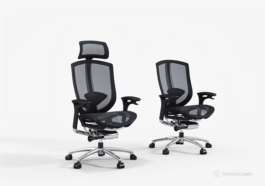 Two Black Mesh Office Chairs With Headrest Adjustable Silver Base And Wheels 3d model
