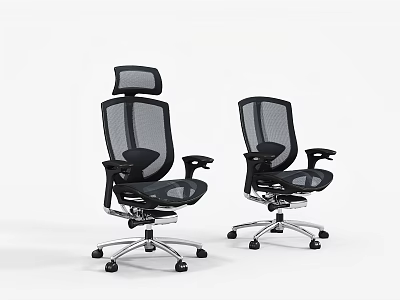 Two Black Mesh Office Chairs With Headrest Adjustable Silver Base And Wheels 3d model