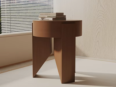 Brown Wooden Side Table By Window With Stack Of Books And Blinds 3d model