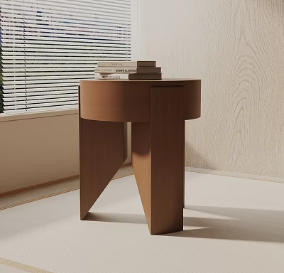 Brown Wooden Side Table By Window With Stack Of Books And Blinds 3d model