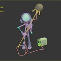 Blue Humanoid Sculpture Holding Silver Helmet Like Object With White Cables Connected To Square Device