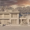 Modern Detached Villa Exterior Design With Large Glass Windows Lush Trees And Courtyard