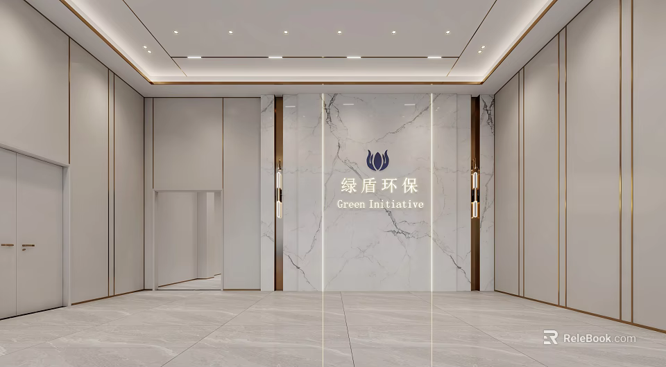 Elegant Modern Reception Desk With Marble Wall And Green Shield Logo Lighting 3d model 