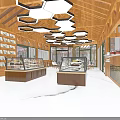 Modern Restaurant Interior With Wooden Ceiling Hexagonal Pendant Lights And Purple Light Strips