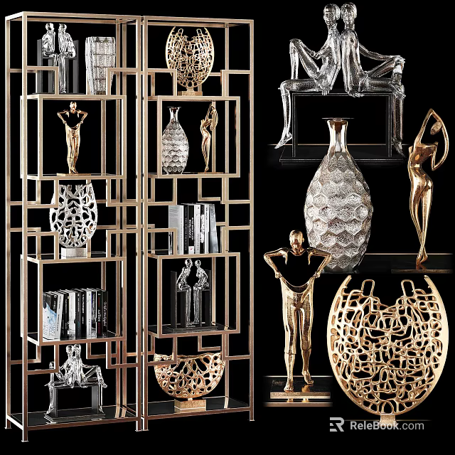 Decorative Ornament Combinations With Golden Human Figure Sculptures Glass Vases And Hollow-out Metal Display Shelves 3d model 