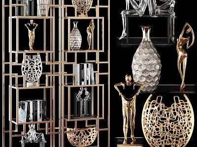 Decorative Ornament Combinations With Golden Human Figure Sculptures Glass Vases And Hollow-out Metal Display Shelves 3d model