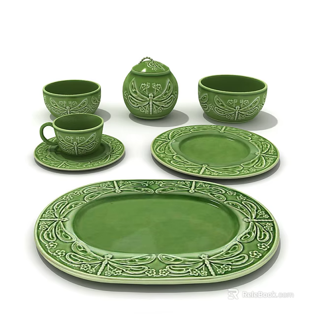 Green Ceramic Tableware Set With Cups Bowls Plates Saucers And Decorative Patterns 3d model