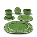 Green Ceramic Tableware Set With Cups Bowls Plates Saucers And Decorative Patterns 3d model
